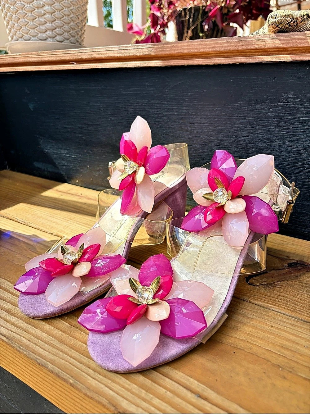 Jeffrey Campbell Ankle Straps, Pink & Purple lucite flowers US 7.5